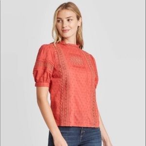 New Universal Thread coral/rust cotton lace 3/4 puff sleeve top size L runs S
